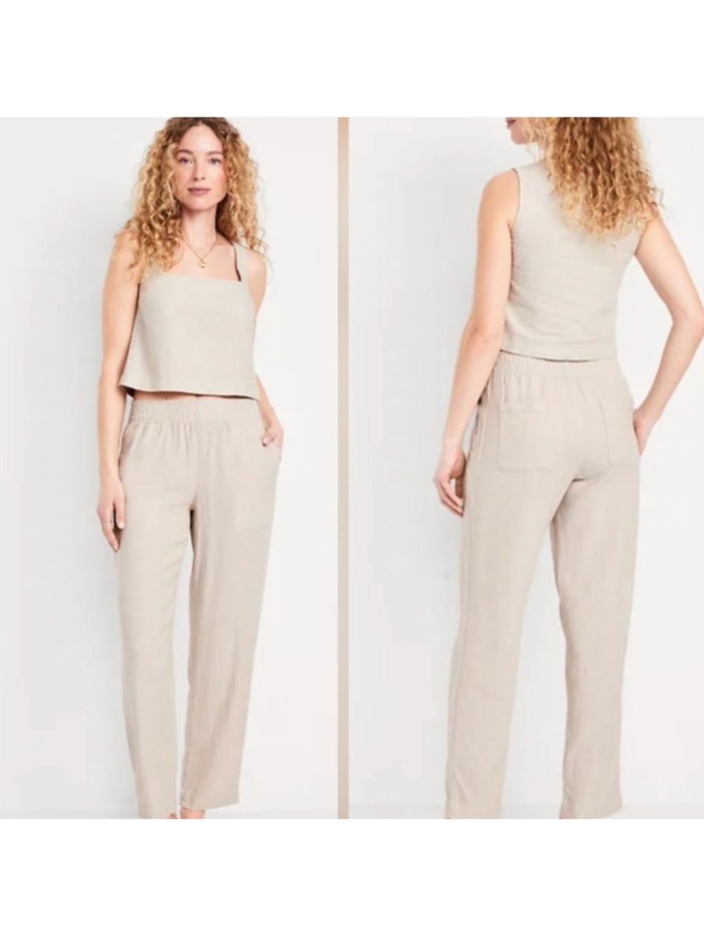 Old Navy Natural Linen Blend Elastic Waist Straight Leg Pants Size Large - Picture 2 of 8